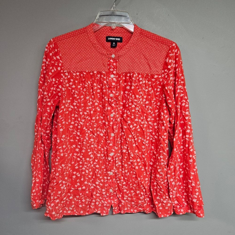 Lands' End Women's  Medium 10-2 Red Button Down Floral Shirt